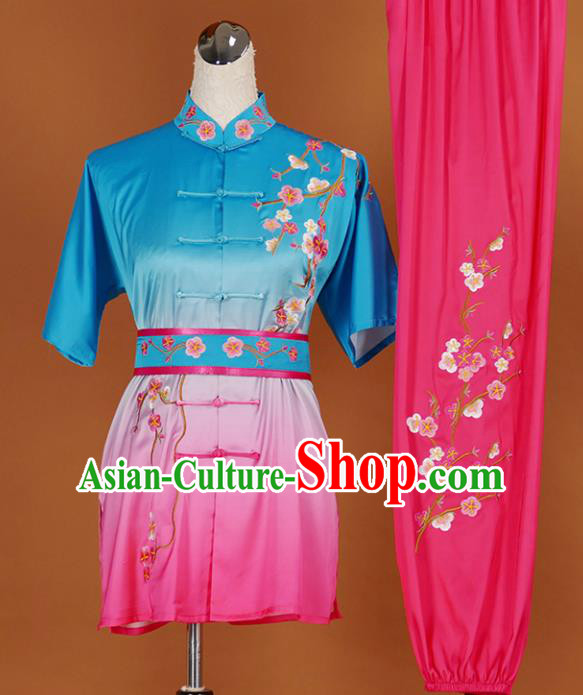 Chinese Traditional Best Martial Arts Embroidered Plum Blue Costume Kung Fu Competition Tai Chi Clothing for Women