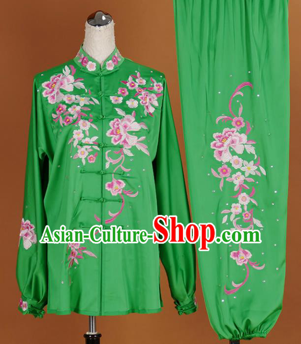 Chinese Traditional Best Martial Arts Embroidered Peony Green Costume Kung Fu Competition Tai Chi Clothing for Women