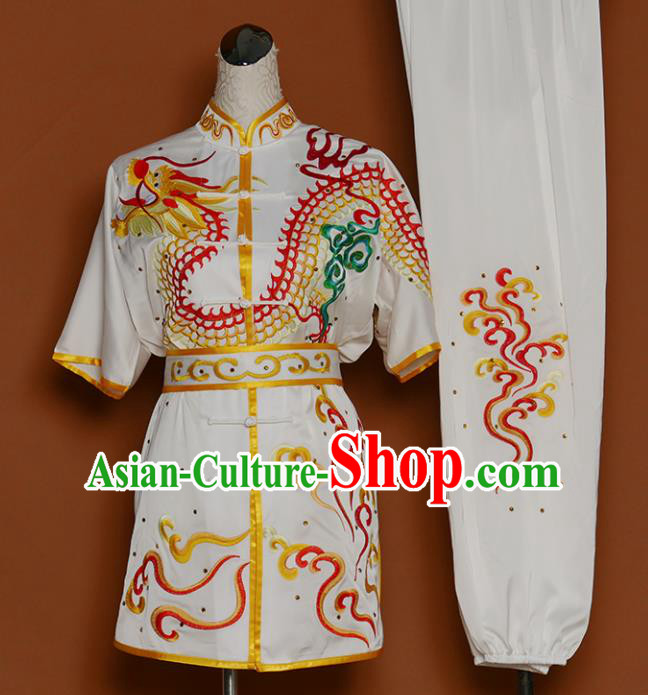 Best Martial Arts Competition Embroidered Dragon White Costume Chinese Traditional Kung Fu Tai Chi Training Clothing for Men