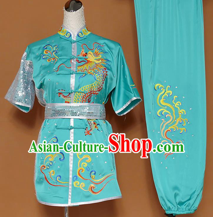 Best Martial Arts Competition Embroidered Dragon Green Uniforms Chinese Traditional Kung Fu Tai Chi Training Costume for Men