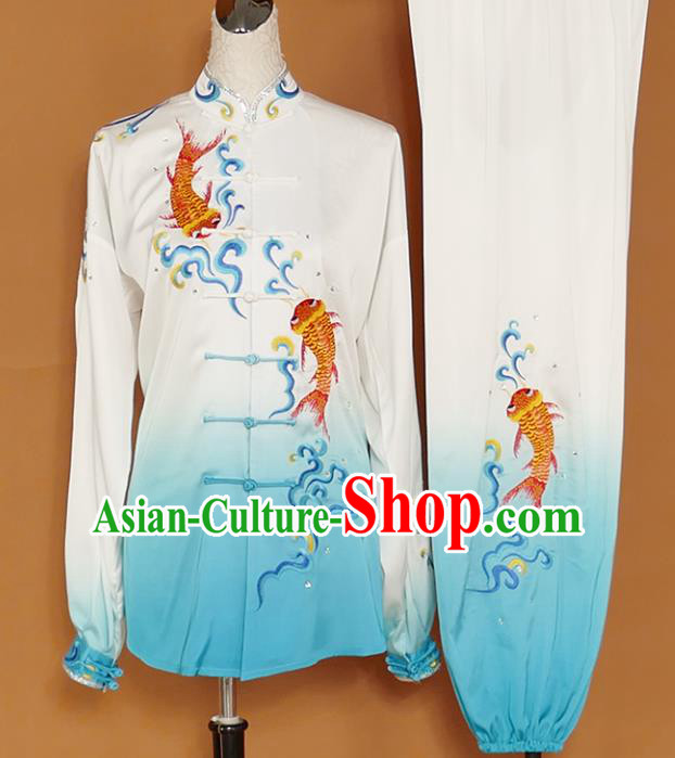 Chinese Traditional Best Martial Arts Embroidered Carp Blue Costume Kung Fu Competition Tai Chi Clothing for Women
