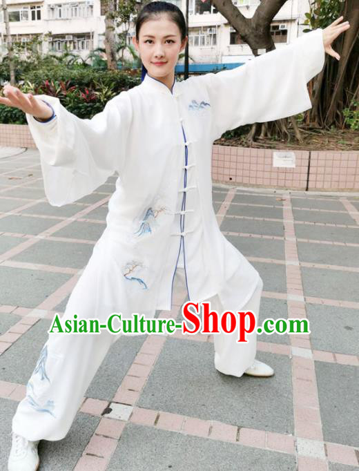 Chinese Professional Martial Arts Landscape Painting White Costume Traditional Kung Fu Competition Tai Chi Clothing for Women