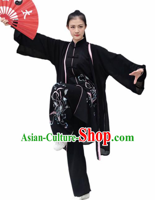 Professional Chinese Martial Arts Embroidered Black Costume Traditional Kung Fu Competition Tai Chi Clothing for Women