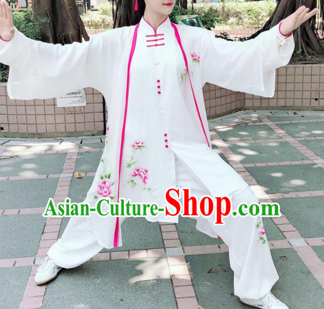 Professional Chinese Martial Arts Embroidered Peony White Costume Traditional Kung Fu Competition Tai Chi Clothing for Women