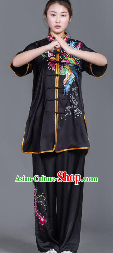 Chinese Martial Arts Competition Embroidered Phoenix Black Uniforms Traditional Kung Fu Tai Chi Training Costume for Men