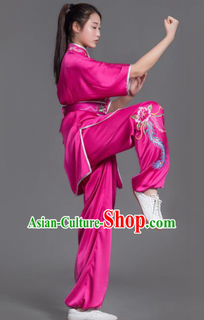 Chinese Martial Arts Competition Embroidered Phoenix Rosy Uniforms Traditional Kung Fu Tai Chi Training Costume for Men