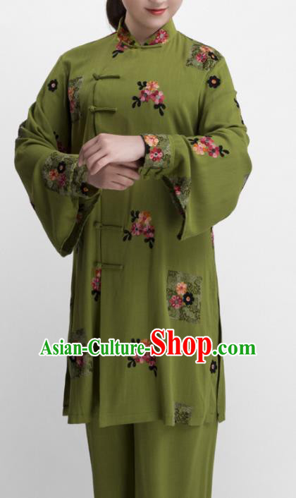 Chinese Traditional Martial Arts Olive Green Costume Kung Fu Tai Chi Training Clothing for Women
