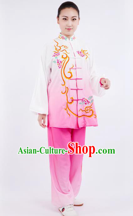 Chinese Traditional Martial Arts Competition Embroidered Peony Pink Costume Kung Fu Tai Chi Training Clothing for Women