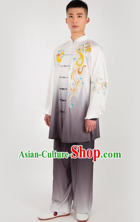 Chinese Traditional Martial Arts Competition Embroidered Grey Costume Kung Fu Tai Chi Training Clothing for Men