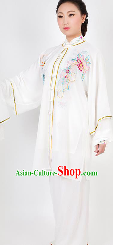 Chinese Traditional Martial Arts Embroidered Peony White Costume Best Kung Fu Competition Tai Chi Training Clothing for Women
