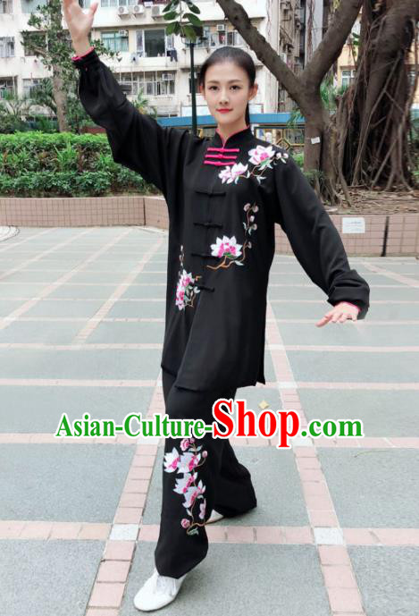 Professional Chinese Martial Arts Embroidered Magnolia Black Costume Traditional Kung Fu Competition Tai Chi Clothing for Women