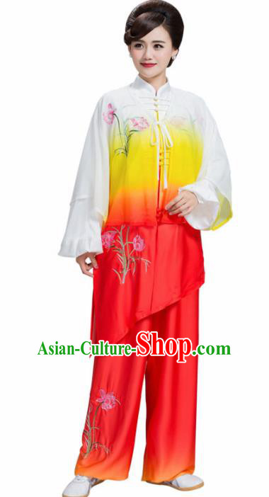 Professional Chinese Martial Arts Embroidered Lily Flower Orange Costume Traditional Kung Fu Competition Tai Chi Clothing for Women