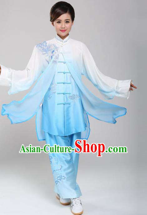 Professional Chinese Martial Arts Embroidered Blue Costume Traditional Kung Fu Competition Tai Chi Clothing for Women