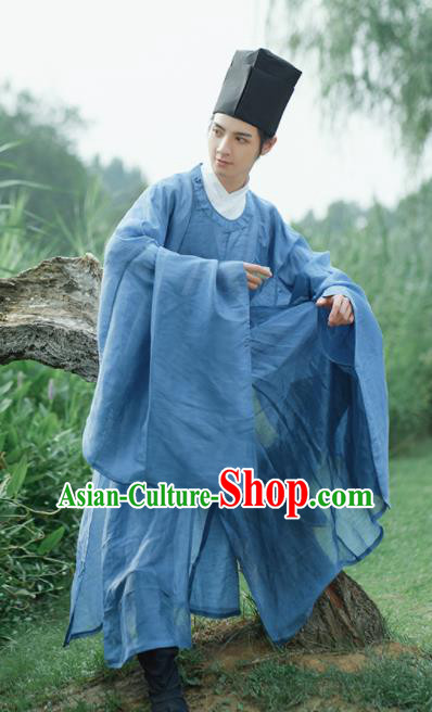 Traditional Chinese Ming Dynasty Childe Scholar Blue Robe Ancient Drama Taoist Priest Replica Costumes for Men