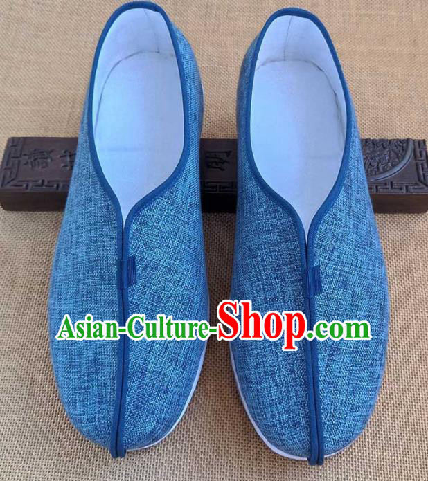 Traditional Chinese Cloth Shoes Handmade Multi Layered Shoes Martial Arts Blue Linen Shoes for Men