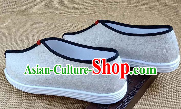 Traditional Chinese Beige Linen Monk Shoes Handmade Multi Layered Cloth Shoes Martial Arts Shoes for Men