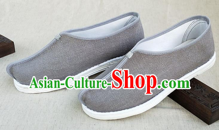 Traditional Chinese Grey Linen Monk Shoes Handmade Multi Layered Cloth Shoes Martial Arts Shoes for Men
