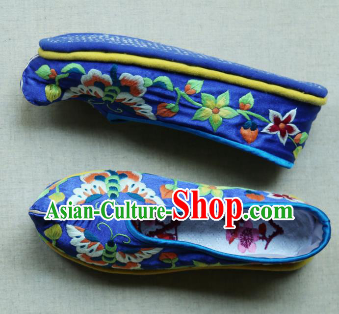 Traditional Chinese Embroidered Butterfly Royalblue Shoes Handmade Hanfu Shoes Ancient Princess Satin Shoes for Women