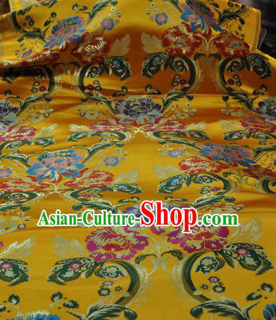 Asian Chinese Traditional Buddhism Peony Pattern Design Yellow Brocade Fabric Tibetan Robe Silk Material
