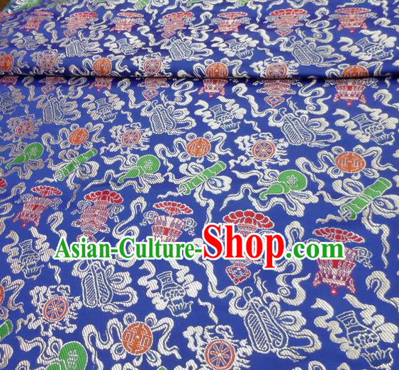 Asian Chinese Buddhism Traditional Eight Treasures Pattern Design Blue Brocade Fabric Tibetan Robe Silk Material