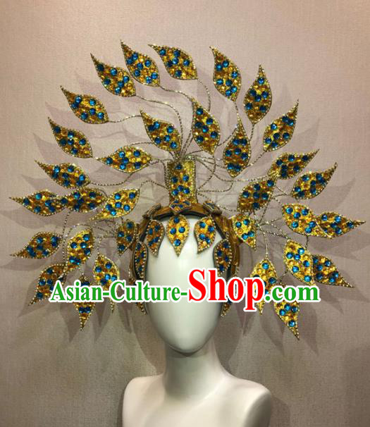 Customized Halloween Carnival Blue Crystal Hair Accessories Brazil Parade Samba Dance Giant Headpiece for Women