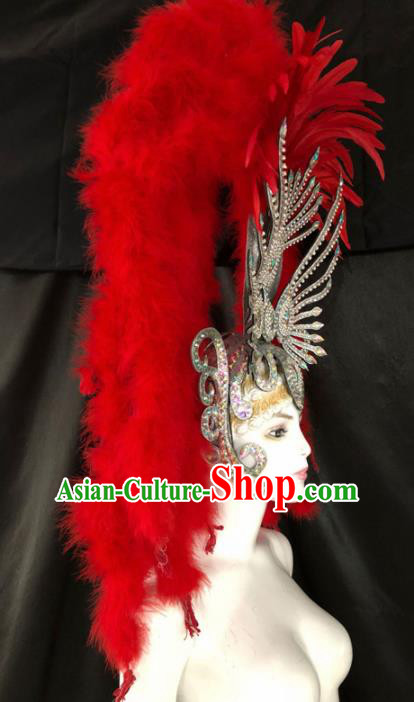 Customized Halloween Carnival Red Feather Tassel Hair Accessories Brazil Parade Samba Dance Giant Headpiece for Women