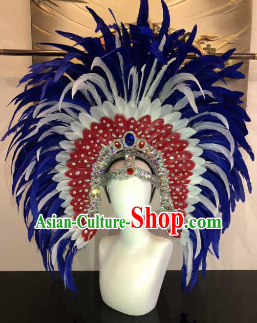 Customized Halloween Carnival Blue Feather Giant Hair Accessories Brazil Parade Samba Dance Headpiece for Women