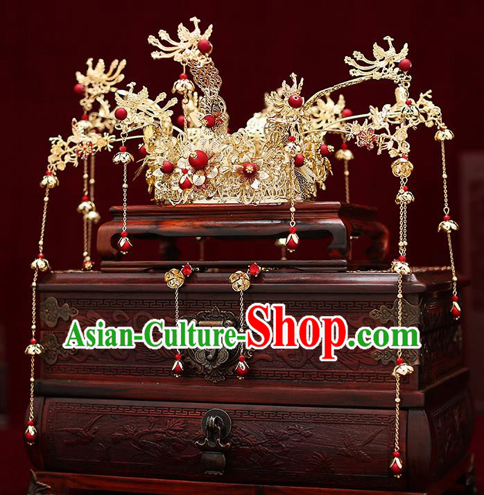 Top Chinese Traditional Red Beads Tassel Phoenix Coronet Wedding Bride Handmade Hairpins Hair Accessories Complete Set