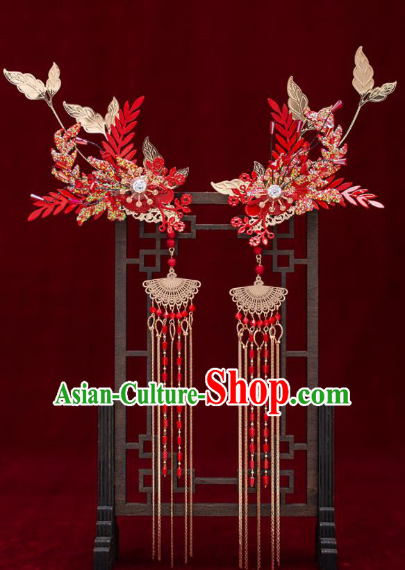 Top Chinese Traditional Red Phoenix Coronet Wedding Bride Handmade Hairpins Hair Accessories Complete Set
