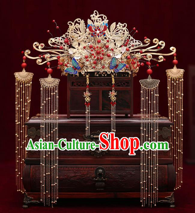 Top Chinese Traditional Blueing Butterfly Phoenix Coronet Wedding Bride Handmade Hairpins Hair Accessories Complete Set