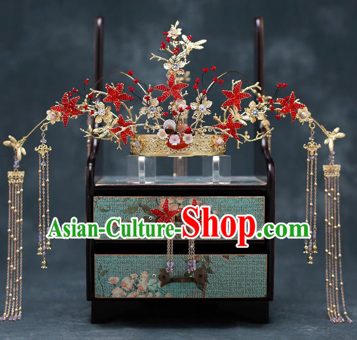Top Chinese Traditional Bride Red Stars Phoenix Coronet Handmade Wedding Tassel Hairpins Hair Accessories Complete Set