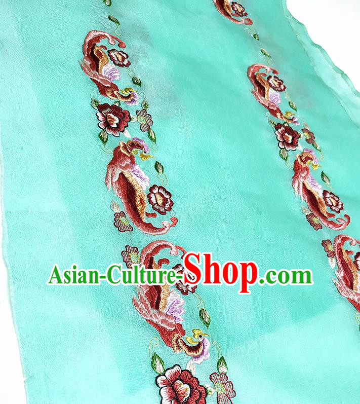 Asian Chinese Traditional Embroidered Phoenix Peony Pattern Design Green Silk Fabric China Hanfu Silk Material