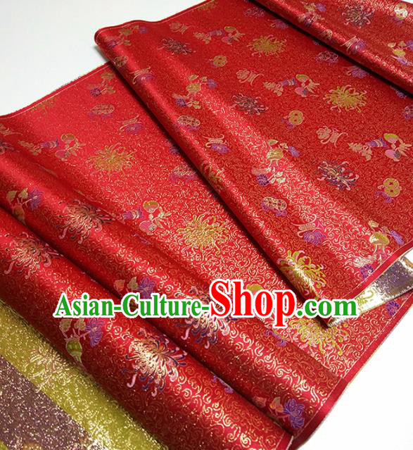 Asian Chinese Traditional Longevity Chrysanthemum Pattern Design Red Brocade Silk Fabric China Hanfu Satin Material