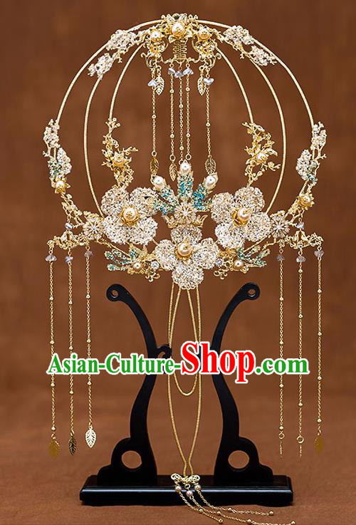 Chinese Traditional Wedding Prop Golden Flowers Tassel Round Fan Ancient Bride Palace Fans for Women