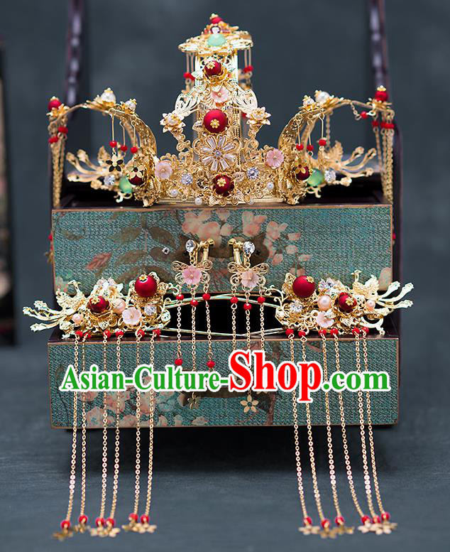 Top Chinese Traditional Bride Luxury Phoenix Coronet Handmade Tassel Hairpins Wedding Hair Accessories Complete Set
