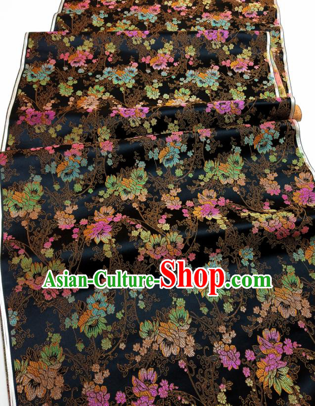 Asian Chinese Traditional Flowers Pattern Design Black Brocade Silk Fabric China Hanfu Satin Material