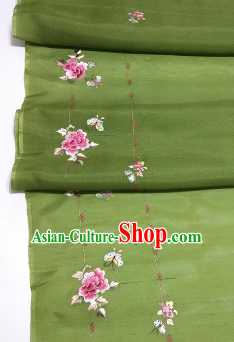 Chinese Traditional Embroidered Peony Pattern Design Olive Green Silk Fabric Asian China Hanfu Silk Material