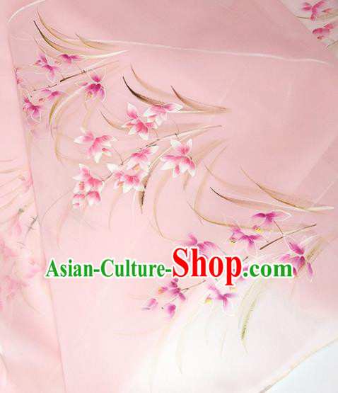 Chinese Traditional Embroidered Orchid Pattern Design Pink Silk Fabric Asian China Hanfu Silk Material