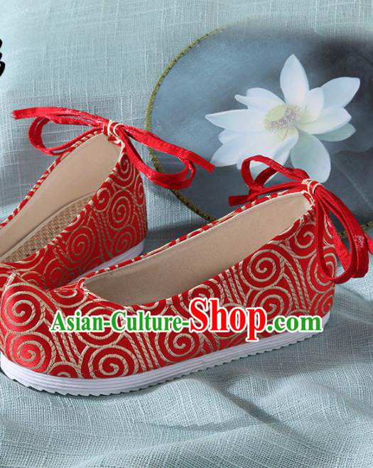 Chinese Handmade Red Brocade Bow Shoes Traditional Ming Dynasty Hanfu Shoes Princess Shoes for Women