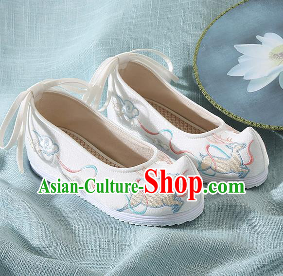 Chinese Handmade Embroidered Deer White Bow Shoes Traditional Ming Dynasty Hanfu Shoes Princess Shoes for Women