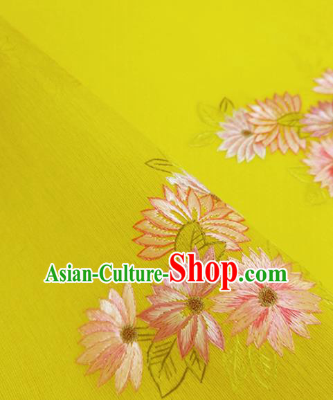 Chinese Traditional Embroidered Chrysanthemum Pattern Design Yellow Silk Fabric Asian China Hanfu Silk Material