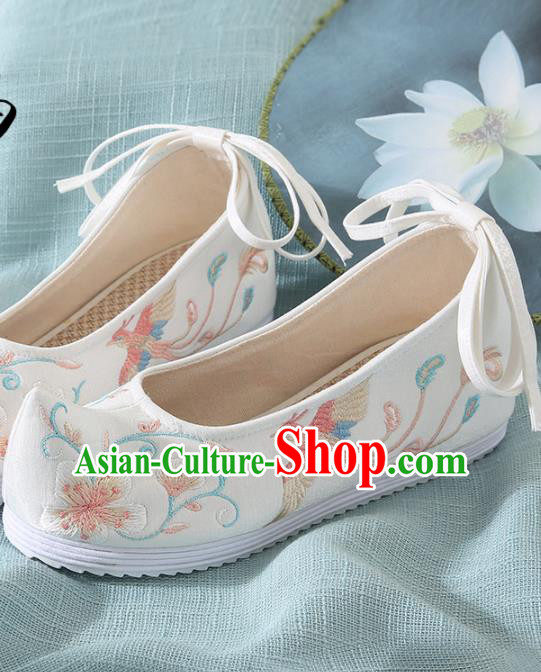 Chinese Handmade Embroidered Plum Bird White Bow Shoes Traditional Ming Dynasty Hanfu Shoes Princess Shoes for Women