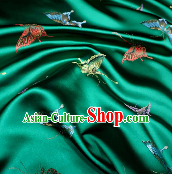 Chinese Traditional Colorful Butterfly Pattern Design Deep Green Brocade Fabric Asian Satin China Hanfu Silk Material