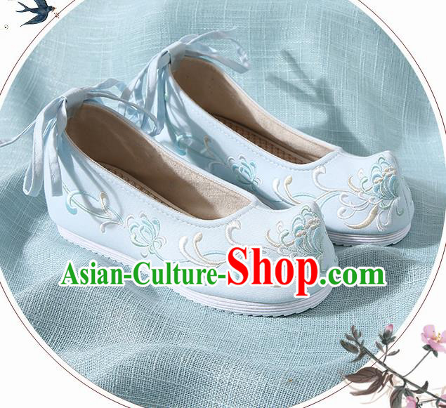 Chinese Handmade Embroidered Chrysanthemum Blue Bow Shoes Traditional Ming Dynasty Hanfu Shoes Princess Shoes for Women