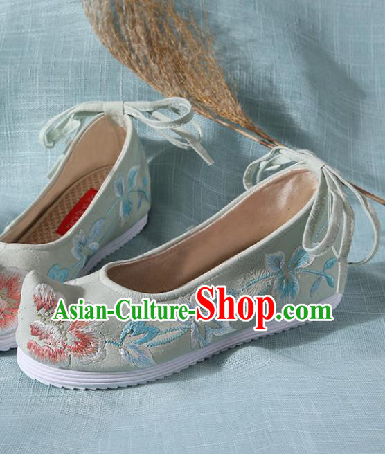 Chinese Handmade Embroidered Peony Light Green Bow Shoes Traditional Ming Dynasty Hanfu Shoes Princess Shoes for Women