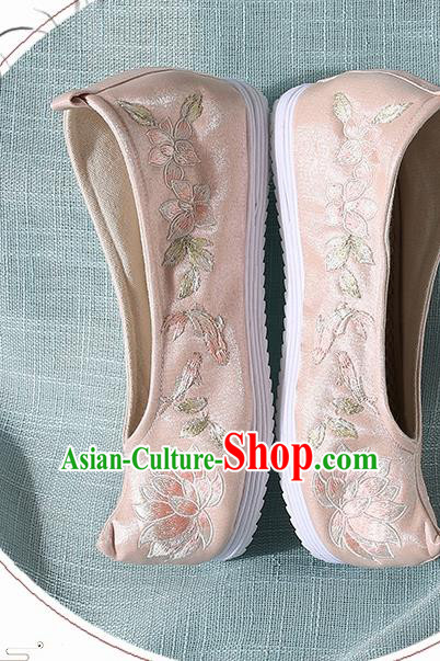 Chinese Handmade Embroidered Lotus Pink Bow Shoes Traditional Ming Dynasty Hanfu Shoes Princess Shoes for Women