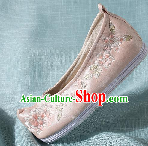 Chinese Handmade Embroidered Lotus Pink Bow Shoes Traditional Ming Dynasty Hanfu Shoes Princess Shoes for Women