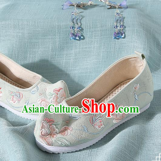 Chinese Handmade Embroidered Peony Butterfly Light Green Bow Shoes Traditional Ming Dynasty Hanfu Shoes Princess Shoes for Women