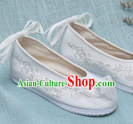 Chinese Handmade Embroidered Cloud White Bow Shoes Traditional Ming Dynasty Hanfu Shoes Princess Shoes for Women