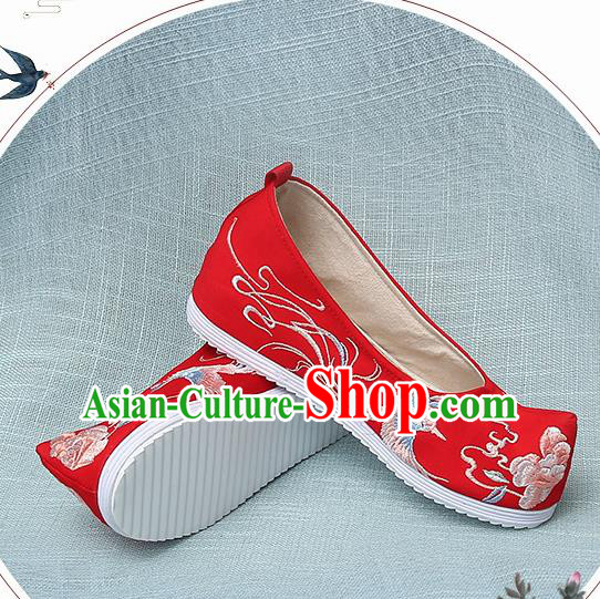 Chinese Handmade Embroidered Bird Peony Red Bow Shoes Traditional Ming Dynasty Hanfu Shoes Princess Shoes for Women